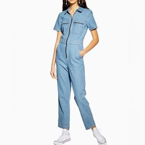 Topshop Denim Jumpsuit Size Medium 10 Boiler Suit Pockets Utility 70s Retro